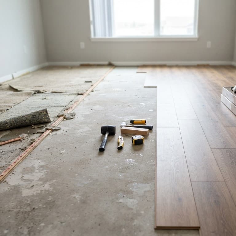 Apartment flooring replacement process showing the transition between old carpet removal over concrete and the installation of new laminate wood flooring in an empty unit.