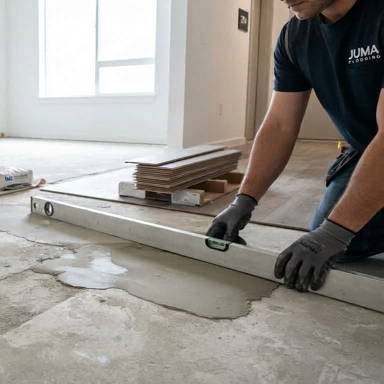 A detailed photograph of a flooring contractor wearing a navy t-shirt with the white 'JUMA FLOORING' logo on the chest pocket. He is using a large straightedge to level a patch of mortar on a concrete subfloor. The scene includes a digital moisture meter standing on the concrete, a bucket, flooring planks, and other tools, with an empty room in the background.