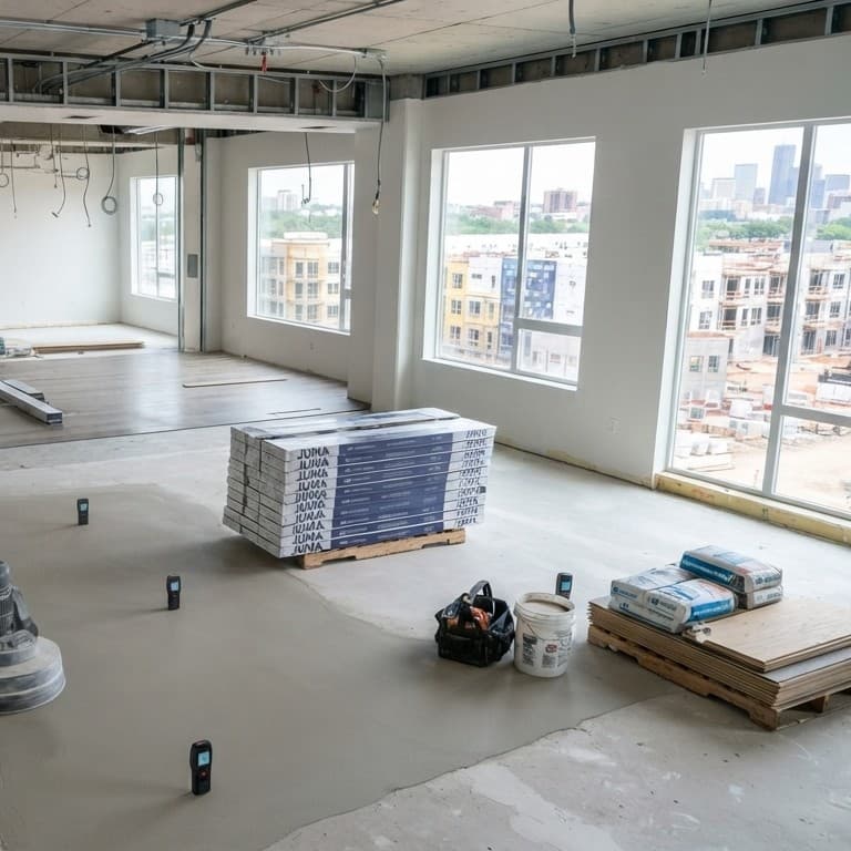 A wide-angle interior photograph of a high-rise apartment construction site in progress. The concrete floor is being prepared by a large industrial floor grinder machine, with several handheld moisture meters placed on the surface. To the right, there are pallets loaded with construction materials, including stacked JUMA-branded flooring boxes and bags of self-leveling compound. Through large windows, a view of a distant cityscape and a neighboring construction site is visible. The ceiling is unfinished, exposing conduits and metal stud framing. The overall scene is one of active, professional interior finishing work.