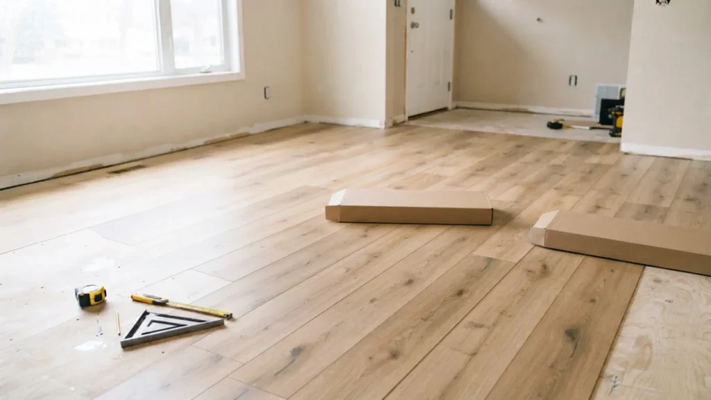 Flooring installation in progress in a residential room with tools