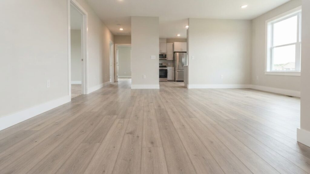 A wide-angle view of a modern, vacant apartment interior featuring light gray wood-look laminate flooring. The scene shows a large living area in the foreground, a central open-concept kitchen with stainless steel appliances in the background, a large window on the right wall, and a hallway leading to bedrooms on the left. The walls are painted a neutral beige, and the baseboards are white. The lighting is bright and natural.